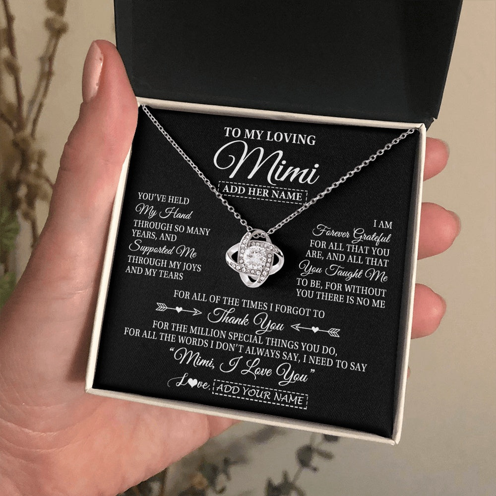 Love Knot Necklace 14K White Gold Finish | 2 | Personalized To My Loving Mimi Necklace From Granddaughter You've Help My Hand Mimi Gift From Grandson Mimi Birthday Mothers Day Custom Gift Box Message Card | https://teecentury.