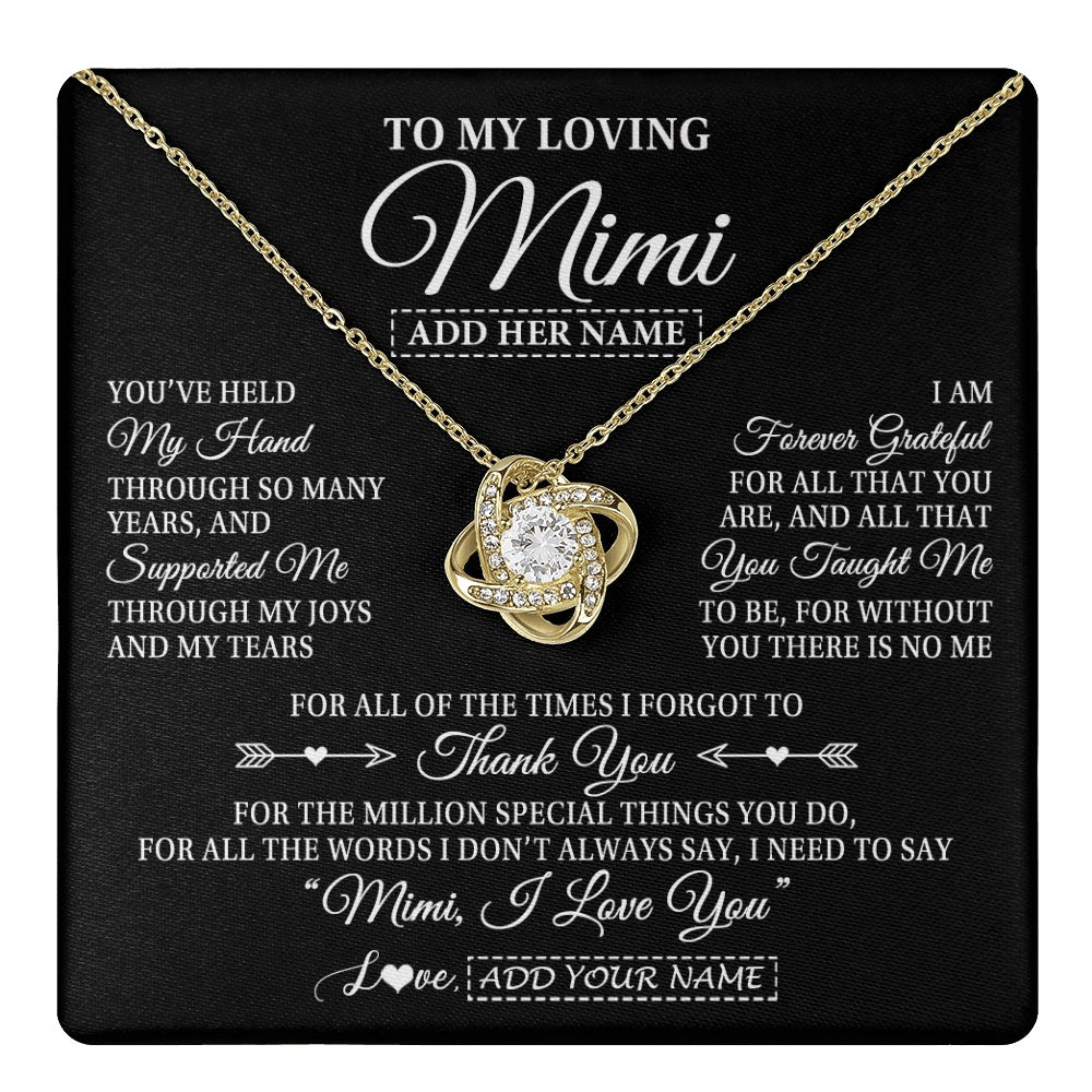 Love Knot Necklace 18K Yellow Gold Finish | 1 | Personalized To My Loving Mimi Necklace From Granddaughter You've Help My Hand Mimi Gift From Grandson Mimi Birthday Mothers Day Custom Gift Box Message Card | https://teecentury.