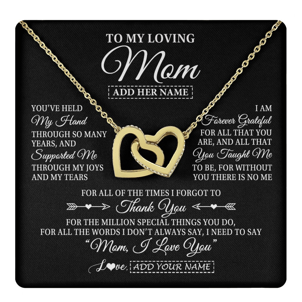 Interlocking Hearts Necklace 18K Yellow Gold Finish | 1 | Personalized To My Loving Mom Necklace From Son You've Help My Hand Mom Gift From Daughter Mom Birthday Gifts Mothers Day Custom Gift Box Message Card | https://teecentury.