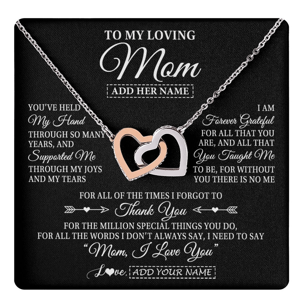 Interlocking Hearts Necklace Stainless Steel & Rose Gold Finish | 1 | Personalized To My Loving Mom Necklace From Son You've Help My Hand Mom Gift From Daughter Mom Birthday Gifts Mothers Day Custom Gift Box Message Card | https://teecentury.