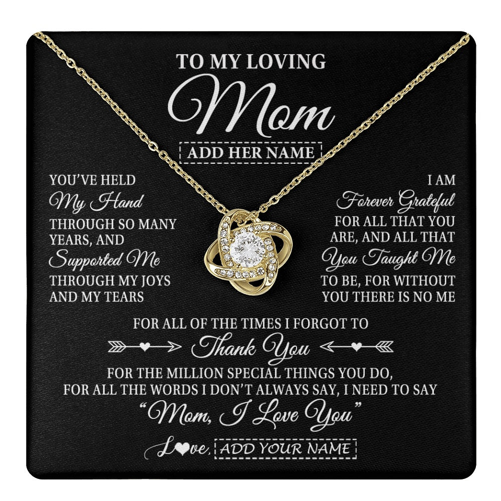 Love Knot Necklace 18K Yellow Gold Finish | 1 | Personalized To My Loving Mom Necklace From Son You've Help My Hand Mom Gift From Daughter Mom Birthday Gifts Mothers Day Custom Gift Box Message Card | https://teecentury.