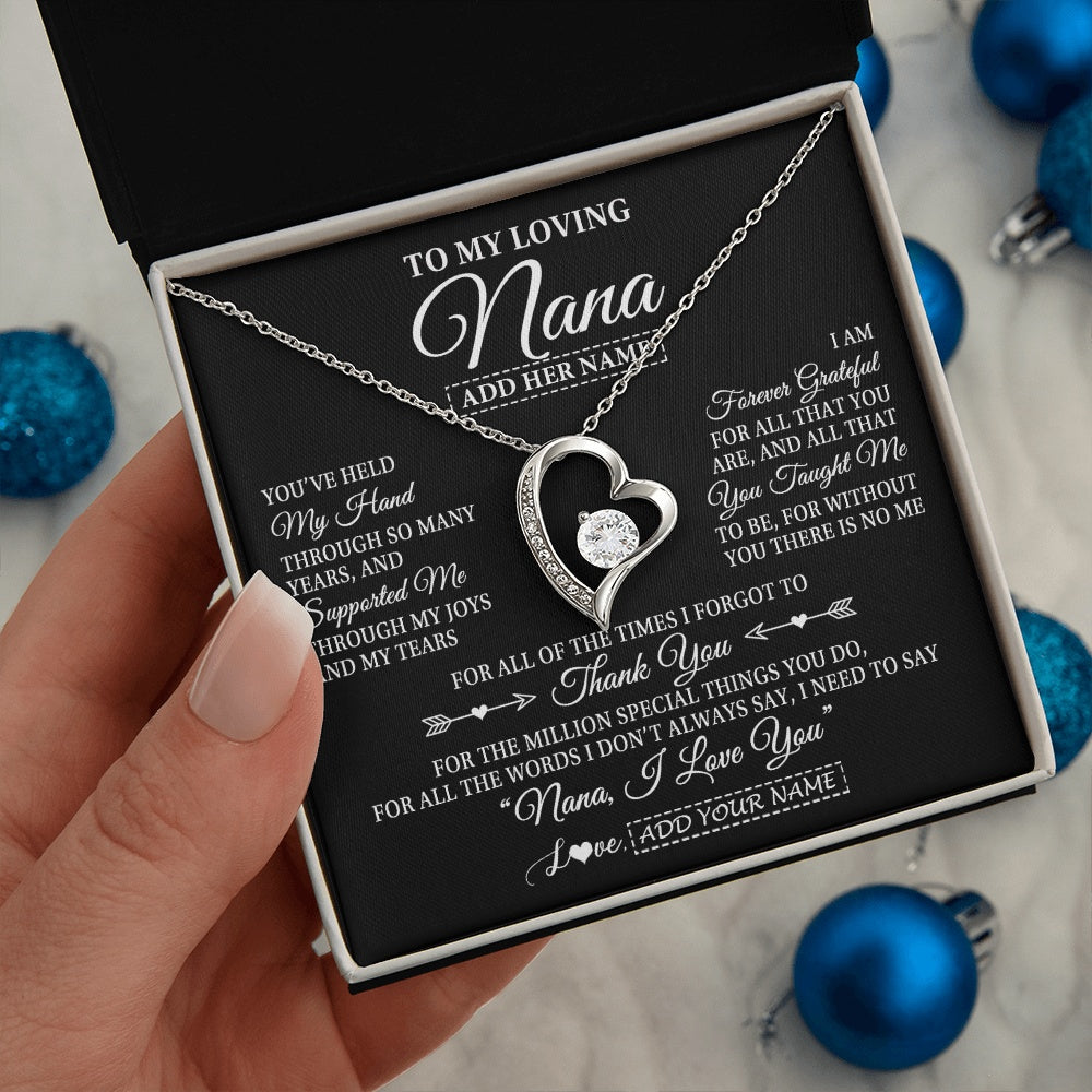Forever Love Necklace 14K White Gold Finish | 2 | Personalized To My Loving Nana Necklace From Granddaughter You've Help My Hand Nana Gift From Grandson Nana Birthday Gifts Mothers Day Gift Box Message Card | https://teecentury.