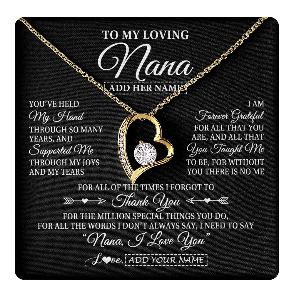 Forever Love Necklace 18K Yellow Gold Finish | 1 | Personalized To My Loving Nana Necklace From Granddaughter You've Help My Hand Nana Gift From Grandson Nana Birthday Gifts Mothers Day Gift Box Message Card | https://teecentury.