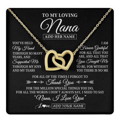 Interlocking Hearts Necklace 18K Yellow Gold Finish | 1 | Personalized To My Loving Nana Necklace From Granddaughter You've Help My Hand Nana Gift From Grandson Nana Birthday Gifts Mothers Day Gift Box Message Card | https://teecentury.