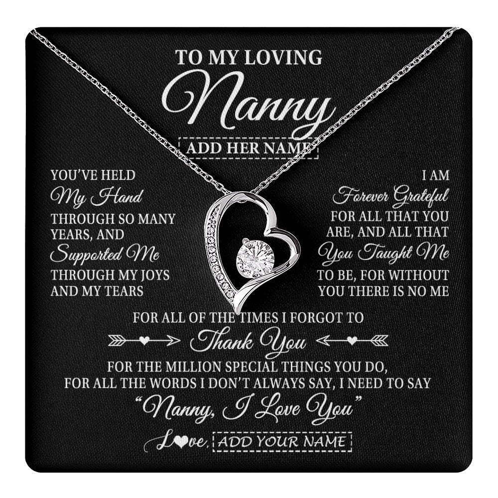 Forever Love Necklace 14K White Gold Finish | 1 | Personalized To My Loving Nanny Necklace From Granddaughter You've Help My Hand Nanny Gift From Grandson Nanny Birthday Mothers Day Gift Box Message Card | https://teecentury.