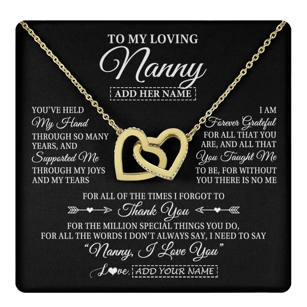 Interlocking Hearts Necklace 18K Yellow Gold Finish | 1 | Personalized To My Loving Nanny Necklace From Granddaughter You've Help My Hand Nanny Gift From Grandson Nanny Birthday Mothers Day Gift Box Message Card | https://teecentury.