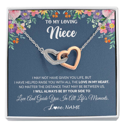 Interlocking Hearts Necklace Stainless Steel & Rose Gold Finish | 1 | Personalized To My Loving Niece Necklace From Aunt Auntie No Matter The Distance Niece Birthday Christmas Jewelry Present Customized Gift Box Message Card | teecentury