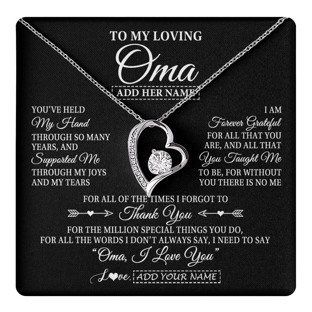 Forever Love Necklace 14K White Gold Finish | 1 | Personalized To My Loving Oma Necklace From Granddaughter You've Help My Hand Oma Gift From Grandson Oma Birthday Gifts Mothers Day Gift Box Message Card | https://teecentury.