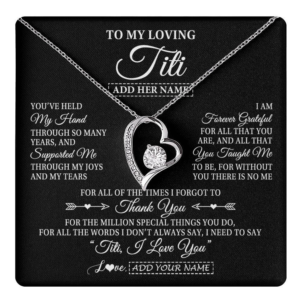 Forever Love Necklace 14K White Gold Finish | 1 | Personalized To My Loving Titi Necklace From Niece You've Help My Hand Aunt Gift From Nephew Aunt Birthday Gifts Mothers Day Custom Gift Box Message Card | https://teecentury.