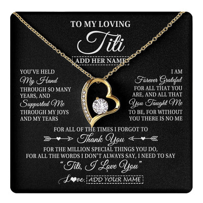 Forever Love Necklace 18K Yellow Gold Finish | 1 | Personalized To My Loving Titi Necklace From Niece You've Help My Hand Aunt Gift From Nephew Aunt Birthday Gifts Mothers Day Custom Gift Box Message Card | https://teecentury.