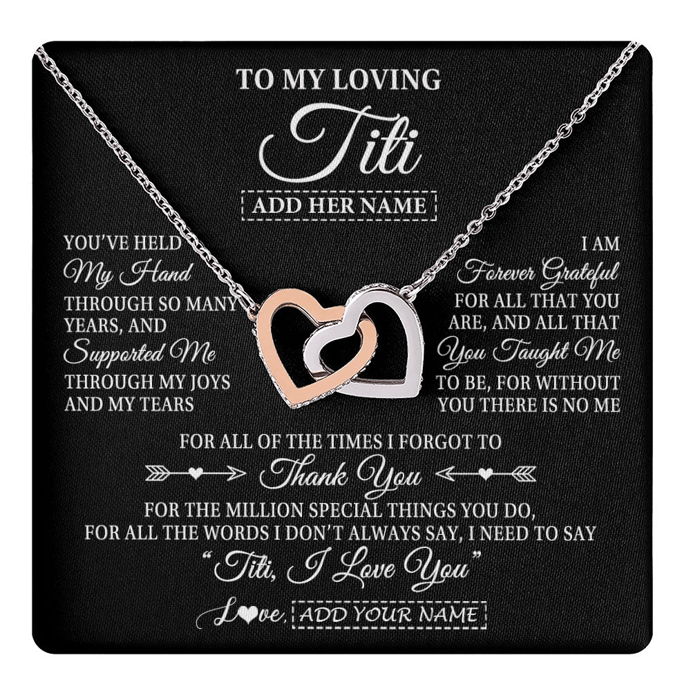 Interlocking Hearts Necklace Stainless Steel & Rose Gold Finish | 1 | Personalized To My Loving Titi Necklace From Niece You've Help My Hand Aunt Gift From Nephew Aunt Birthday Gifts Mothers Day Custom Gift Box Message Card | https://teecentury.