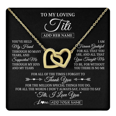 Interlocking Hearts Necklace 18K Yellow Gold Finish | 1 | Personalized To My Loving Titi Necklace From Niece You've Help My Hand Aunt Gift From Nephew Aunt Birthday Gifts Mothers Day Custom Gift Box Message Card | https://teecentury.