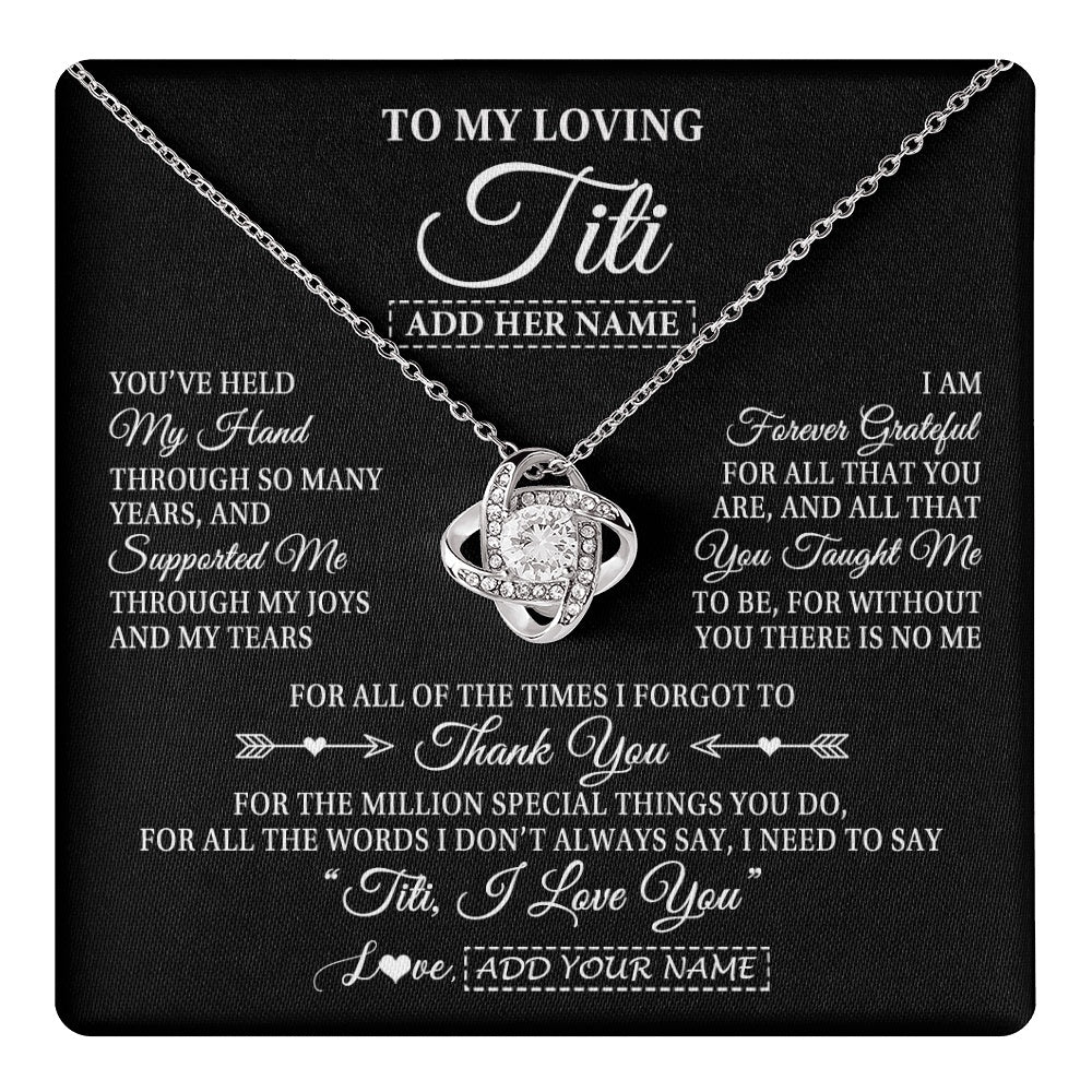 Love Knot Necklace 14K White Gold Finish | 1 | Personalized To My Loving Titi Necklace From Niece You've Help My Hand Aunt Gift From Nephew Aunt Birthday Gifts Mothers Day Custom Gift Box Message Card | https://teecentury.