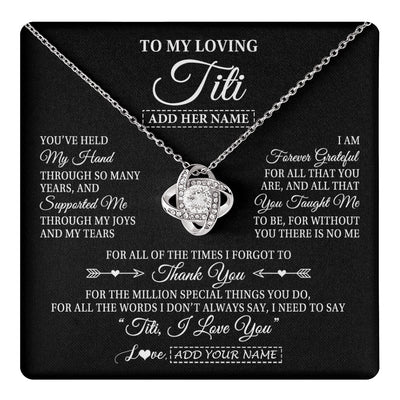Love Knot Necklace 14K White Gold Finish | 1 | Personalized To My Loving Titi Necklace From Niece You've Help My Hand Aunt Gift From Nephew Aunt Birthday Gifts Mothers Day Custom Gift Box Message Card | https://teecentury.