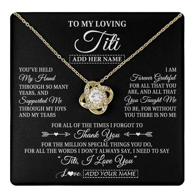 Love Knot Necklace 18K Yellow Gold Finish | 1 | Personalized To My Loving Titi Necklace From Niece You've Help My Hand Aunt Gift From Nephew Aunt Birthday Gifts Mothers Day Custom Gift Box Message Card | https://teecentury.