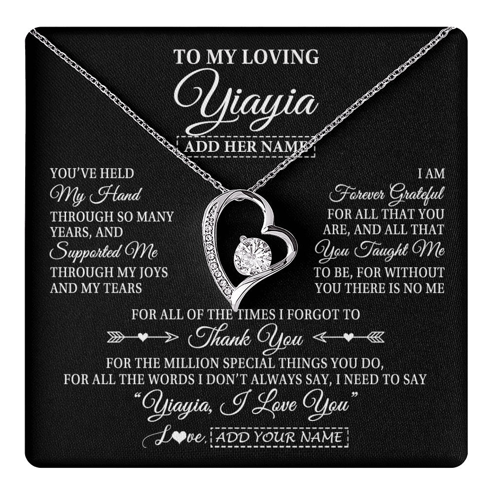 Forever Love Necklace 14K White Gold Finish | 1 | Personalized To My Loving Yiayia Necklace From Granddaughter You've Help My Hand Yiayia Gift From Grandson Yiayia Birthday Mothers Day Gift Box Message Card | https://teecentury.