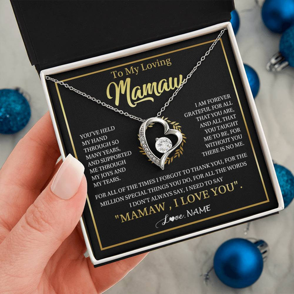 Forever Love Necklace 14K White Gold Finish | 2 | Personalized To My Mamaw Gifts Necklace From Granddaughter Grandson Grateful Thank You Mamaw Birthday Mothers Day Jewelry Customized Gift Box Message Card | teecentury