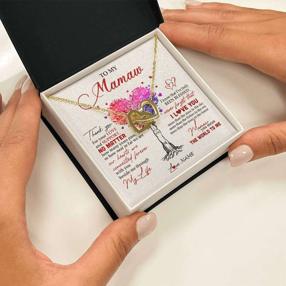 Interlocking Hearts Necklace 18K Yellow Gold Finish | 2 | Personalized To My Mamaw Necklace From Grandkids Never Forget That I Love You You Mean The World Mamaw Birthday Mothers Day Jewelry Customized Gift Box Message Card | teecentury