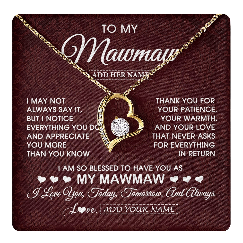 Forever Love Necklace 18K Yellow Gold Finish | 1 | Personalized To My Mawmaw Gifts From Granddaughter Necklace Meaningful Jewelry Pendant Gifts For Mawmaw Mothers Day Birthday Christmas Gift Box Message Card | https://teecentury.