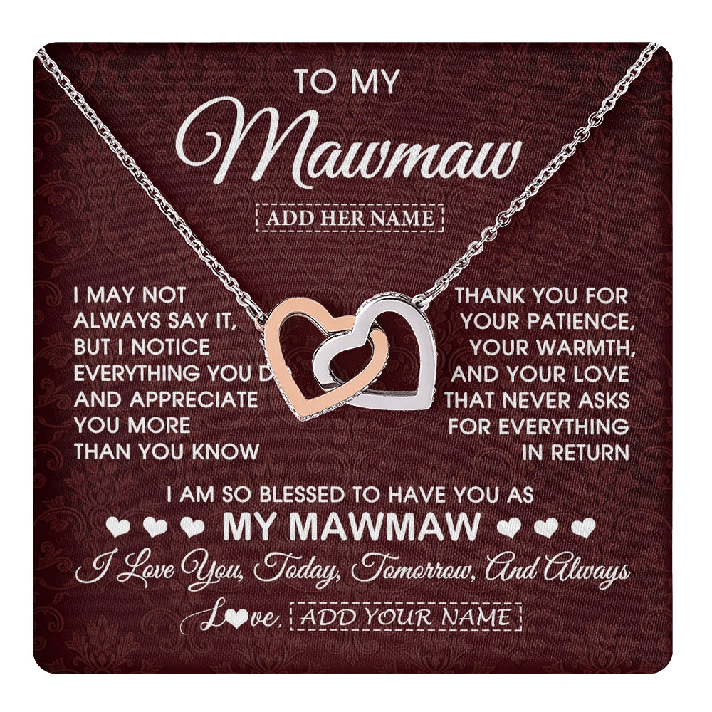 Interlocking Hearts Necklace Stainless Steel & Rose Gold Finish | 1 | Personalized To My Mawmaw Gifts From Granddaughter Necklace Meaningful Jewelry Pendant Gifts For Mawmaw Mothers Day Birthday Christmas Gift Box Message Card | https://teecentury.