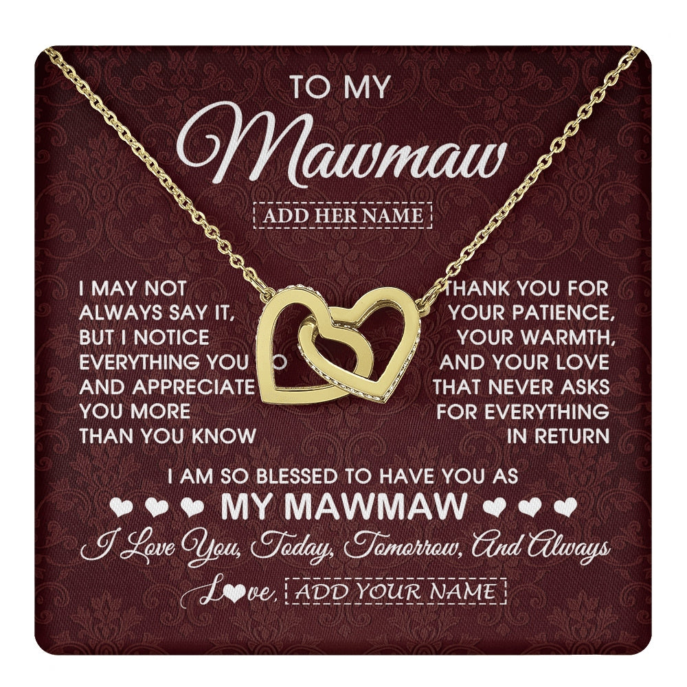 Interlocking Hearts Necklace 18K Yellow Gold Finish | 1 | Personalized To My Mawmaw Gifts From Granddaughter Necklace Meaningful Jewelry Pendant Gifts For Mawmaw Mothers Day Birthday Christmas Gift Box Message Card | https://teecentury.