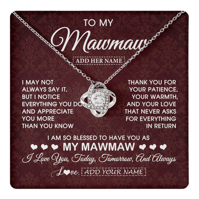 Love Knot Necklace 14K White Gold Finish | 1 | Personalized To My Mawmaw Gifts From Granddaughter Necklace Meaningful Jewelry Pendant Gifts For Mawmaw Mothers Day Birthday Christmas Gift Box Message Card | https://teecentury.