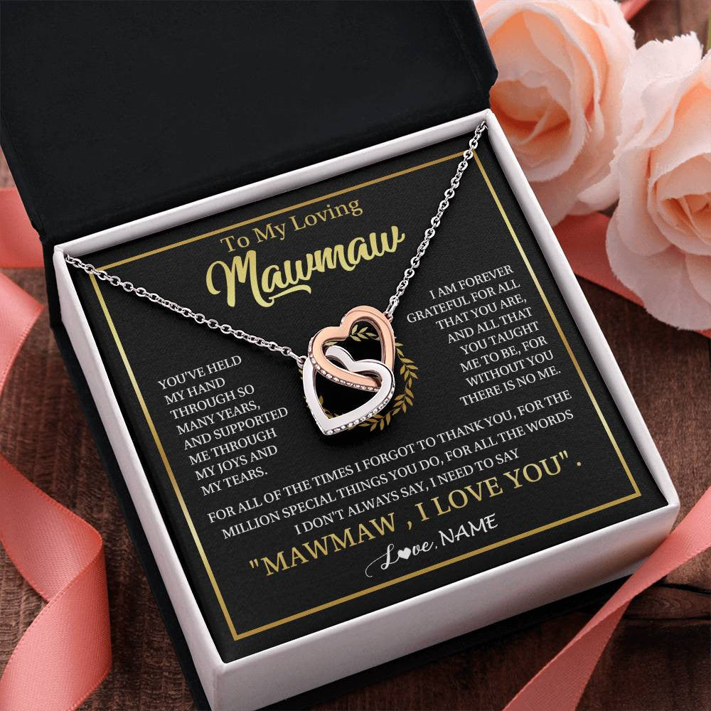 Interlocking Hearts Necklace Stainless Steel & Rose Gold Finish | 2 | Personalized To My Mawmaw Gifts Necklace From Granddaughter Grandson Grateful Thank You Mawmaw Birthday Mothers Day Jewelry Customized Gift Box Message Card | teecentury