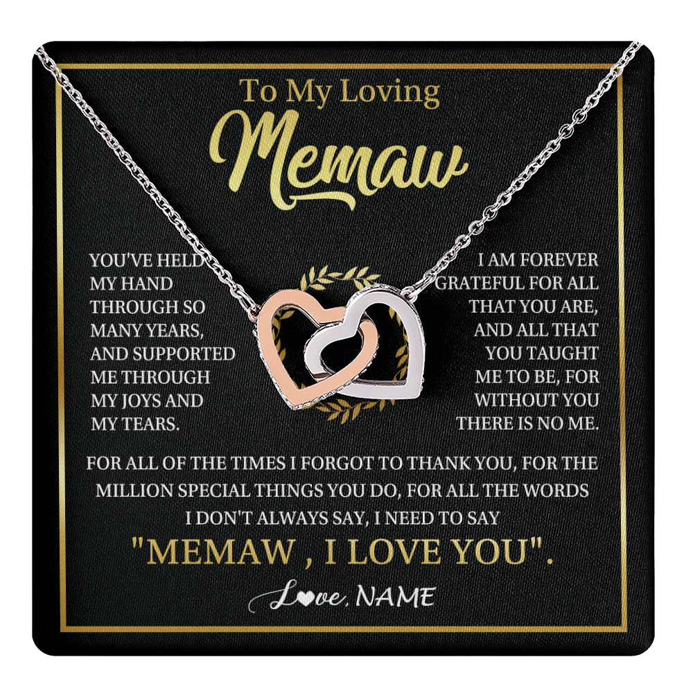 Interlocking Hearts Necklace Stainless Steel & Rose Gold Finish | 1 | Personalized To My Memaw Gifts Necklace From Granddaughter Grandson Grateful Thank You Memaw Birthday Mothers Day Jewelry Customized Gift Box Message Card | teecentury