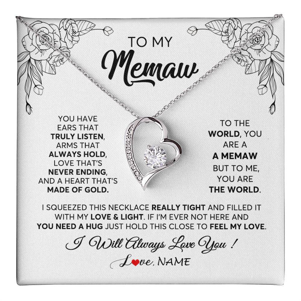Forever Love Necklace 14K White Gold Finish | 1 | Personalized To My Memaw Necklace From Grandkids Granddaughter Hold This Close Feel My Love Memaw Birthday Mothers Day Jewelry Customized Gift Box Message Card | teecentury