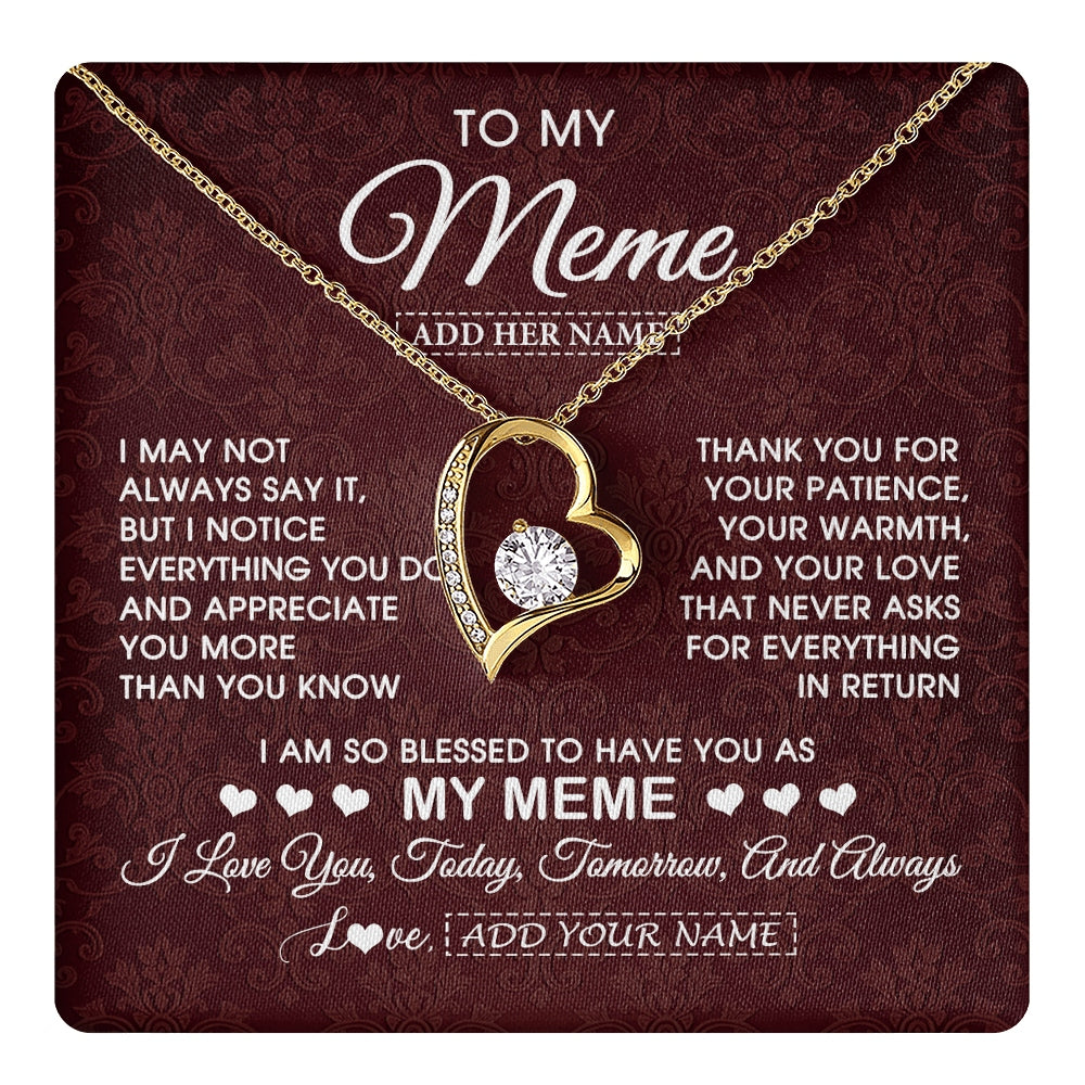Forever Love Necklace 18K Yellow Gold Finish | 1 | Personalized To My Meme Gifts From Granddaughter Necklace Meaningful Jewelry Pendant Gifts For Meme Mothers Day Birthday Christmas Custom Gift Box Message Card | https://teecentury.