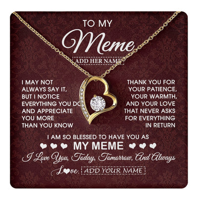 Forever Love Necklace 18K Yellow Gold Finish | 1 | Personalized To My Meme Gifts From Granddaughter Necklace Meaningful Jewelry Pendant Gifts For Meme Mothers Day Birthday Christmas Custom Gift Box Message Card | https://teecentury.