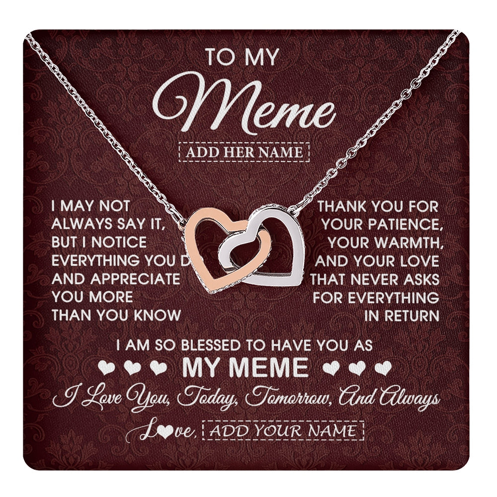 Interlocking Hearts Necklace Stainless Steel & Rose Gold Finish | 1 | Personalized To My Meme Gifts From Granddaughter Necklace Meaningful Jewelry Pendant Gifts For Meme Mothers Day Birthday Christmas Custom Gift Box Message Card | https://teecentury.