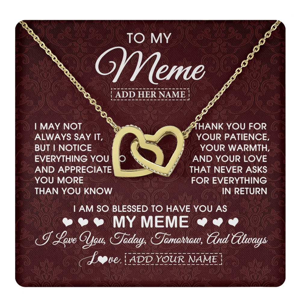 Interlocking Hearts Necklace 18K Yellow Gold Finish | 1 | Personalized To My Meme Gifts From Granddaughter Necklace Meaningful Jewelry Pendant Gifts For Meme Mothers Day Birthday Christmas Custom Gift Box Message Card | https://teecentury.