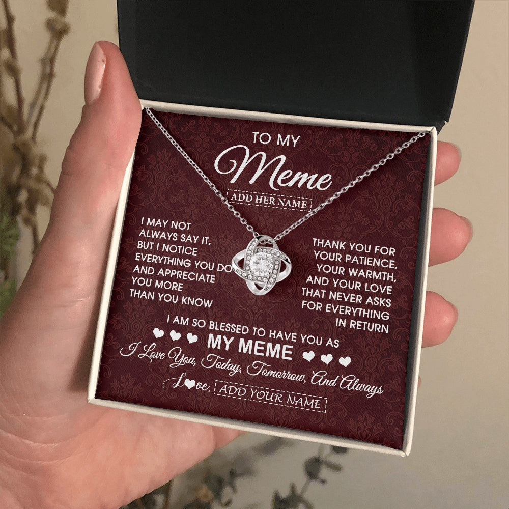Love Knot Necklace 14K White Gold Finish | 2 | Personalized To My Meme Gifts From Granddaughter Necklace Meaningful Jewelry Pendant Gifts For Meme Mothers Day Birthday Christmas Custom Gift Box Message Card | https://teecentury.