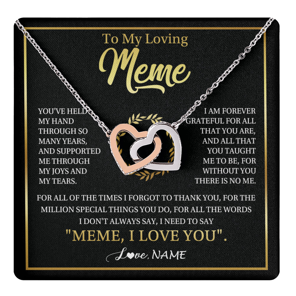 Interlocking Hearts Necklace Stainless Steel & Rose Gold Finish | 1 | Personalized To My Meme Gifts Necklace From Granddaughter Grandson Grateful Thank You Meme Birthday Mothers Day Christmas Customized Gift Box Message Card | teecentury