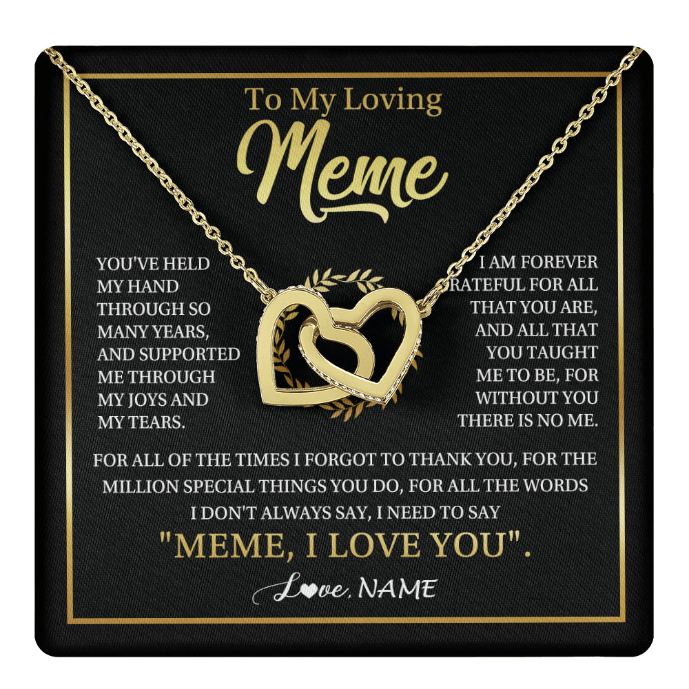 Interlocking Hearts Necklace 18K Yellow Gold Finish | 1 | Personalized To My Meme Gifts Necklace From Granddaughter Grandson Grateful Thank You Meme Birthday Mothers Day Christmas Customized Gift Box Message Card | teecentury