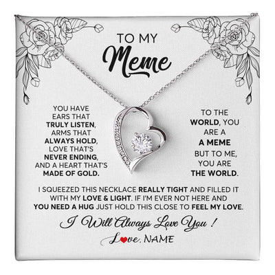 Forever Love Necklace 14K White Gold Finish | 1 | Personalized To My Meme Necklace From Grandkids Granddaughter Hold This Close Feel My Love Meme Birthday Mothers Day Christmas Customized Gift Box Message Card | teecentury