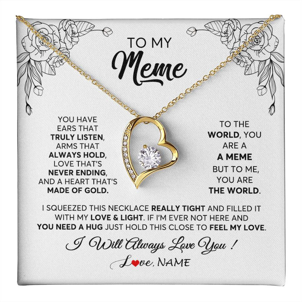 Forever Love Necklace 18K Yellow Gold Finish | 1 | Personalized To My Meme Necklace From Grandkids Granddaughter Hold This Close Feel My Love Meme Birthday Mothers Day Christmas Customized Gift Box Message Card | teecentury