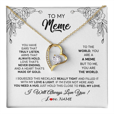 Forever Love Necklace 18K Yellow Gold Finish | 1 | Personalized To My Meme Necklace From Grandkids Granddaughter Hold This Close Feel My Love Meme Birthday Mothers Day Christmas Customized Gift Box Message Card | teecentury