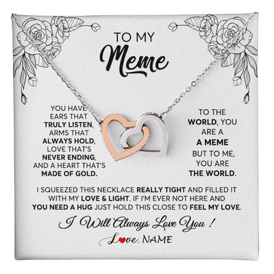 Interlocking Hearts Necklace Stainless Steel & Rose Gold Finish | 1 | Personalized To My Meme Necklace From Grandkids Granddaughter Hold This Close Feel My Love Meme Birthday Mothers Day Christmas Customized Gift Box Message Card | teecentury