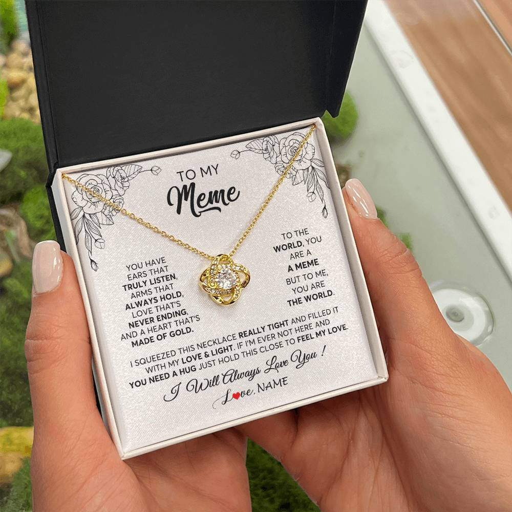 Love Knot Necklace 18K Yellow Gold Finish | 2 | Personalized To My Meme Necklace From Grandkids Granddaughter Hold This Close Feel My Love Meme Birthday Mothers Day Christmas Customized Gift Box Message Card | teecentury