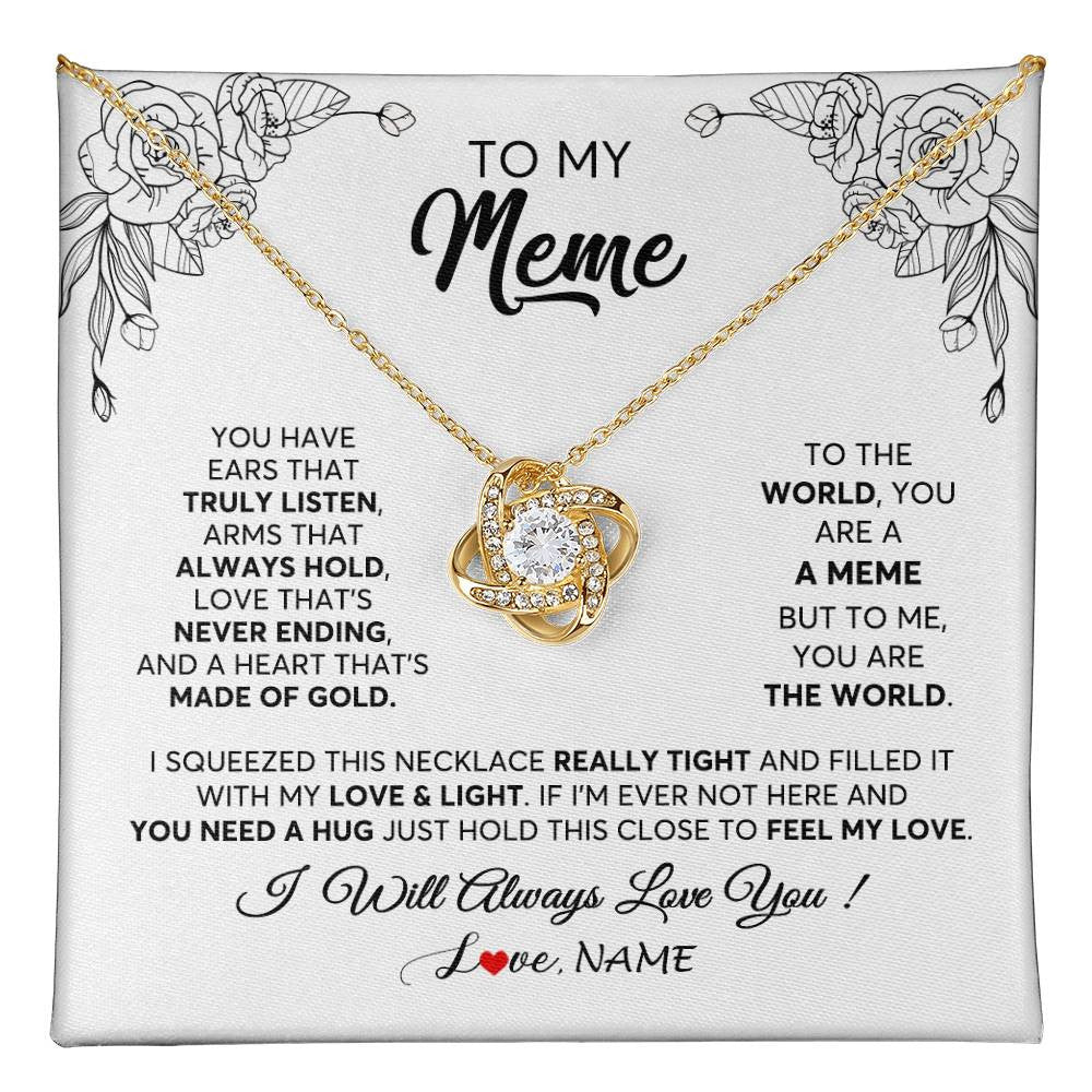 Love Knot Necklace 18K Yellow Gold Finish | 1 | Personalized To My Meme Necklace From Grandkids Granddaughter Hold This Close Feel My Love Meme Birthday Mothers Day Christmas Customized Gift Box Message Card | teecentury