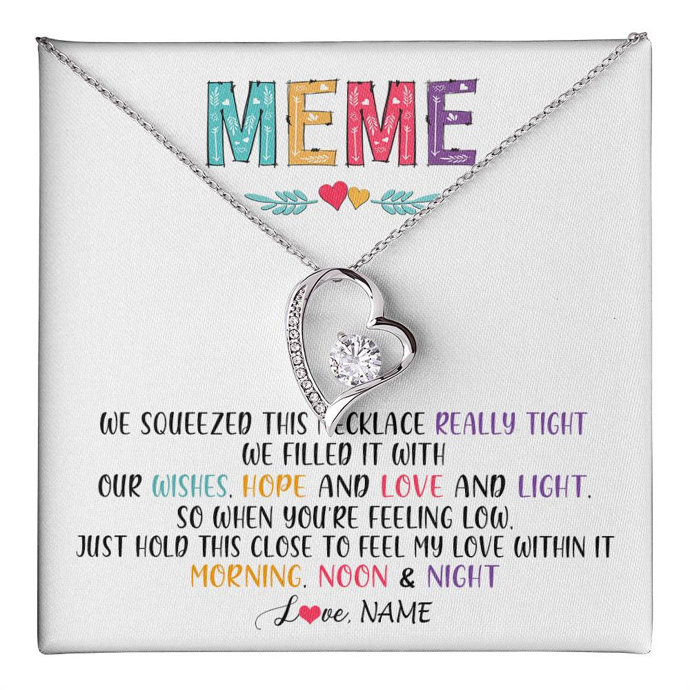 Forever Love Necklace 14K White Gold Finish | 1 | Personalized To My Meme Necklace From Grandkids Granddaughter We Squeezed This Necklace Meme Birthday Mothers Day Christmas Customized Gift Box Message Card | teecentury