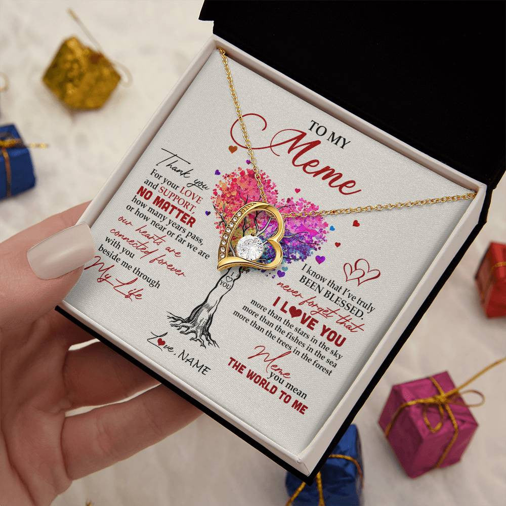 Forever Love Necklace 18K Yellow Gold Finish | 2 | Personalized To My Meme Necklace From Grandkids Never Forget That I Love You You Mean The World Meme Birthday Mothers Day Christmas Customized Gift Box Message Card | teecentury
