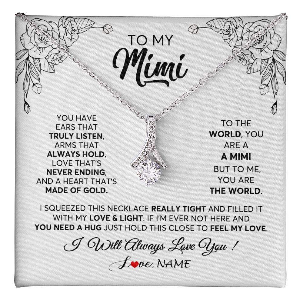 Alluring Beauty Necklace 14K White Gold Finish | 1 | Personalized To My Mimi Necklace From Grandkids Granddaughter Hold This Close Feel My Love Mimi Birthday Mothers Day Christmas Customized Gift Box Message Card | teecentury