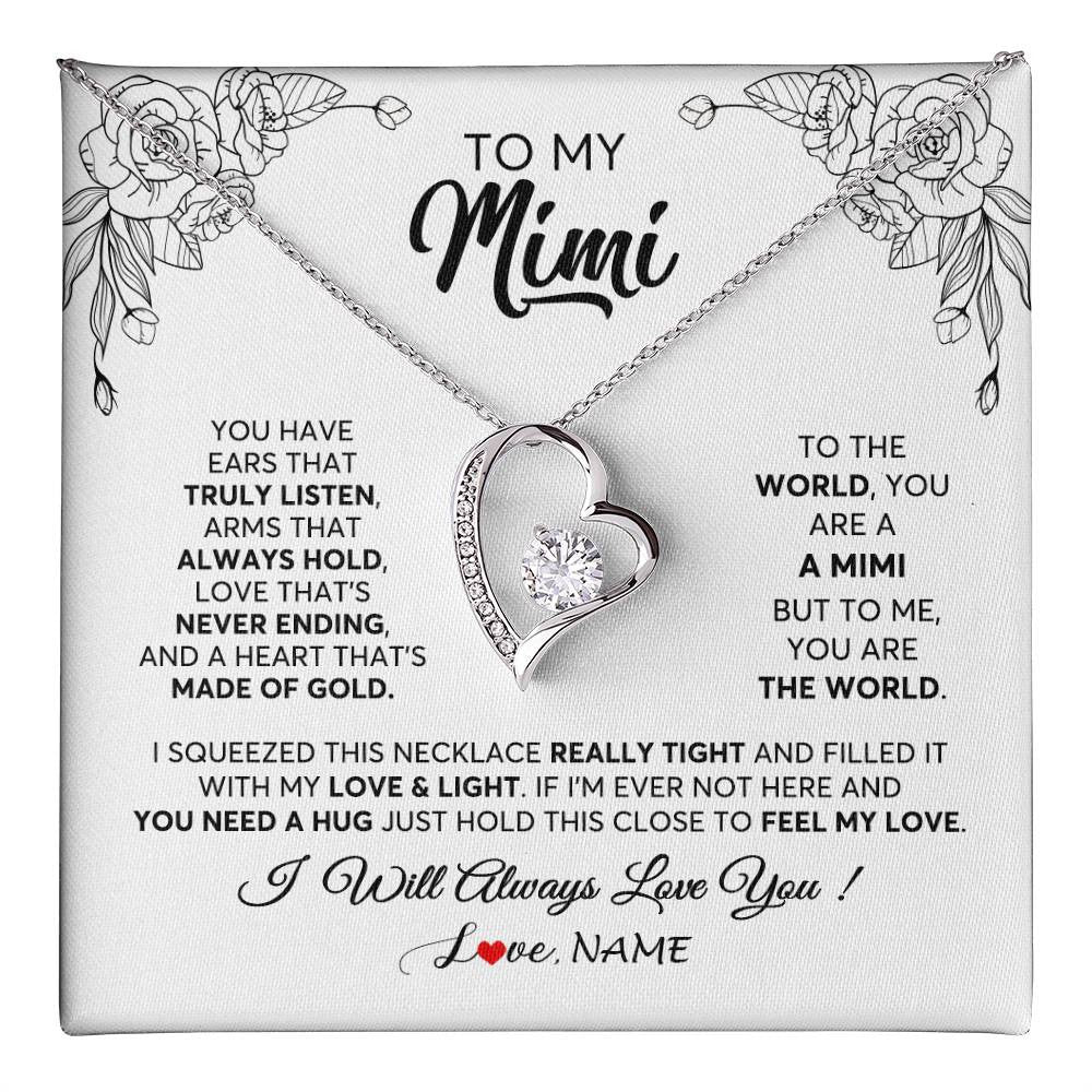 Forever Love Necklace 14K White Gold Finish | 1 | Personalized To My Mimi Necklace From Grandkids Granddaughter Hold This Close Feel My Love Mimi Birthday Mothers Day Christmas Customized Gift Box Message Card | teecentury