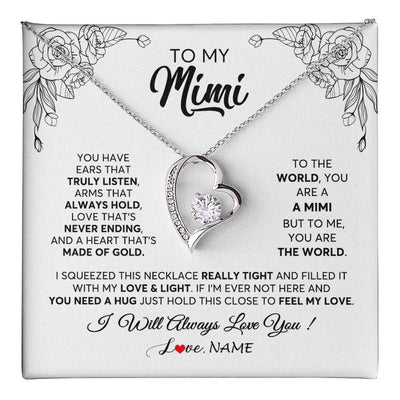 Forever Love Necklace 14K White Gold Finish | 1 | Personalized To My Mimi Necklace From Grandkids Granddaughter Hold This Close Feel My Love Mimi Birthday Mothers Day Christmas Customized Gift Box Message Card | teecentury
