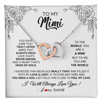 Interlocking Hearts Necklace Stainless Steel & Rose Gold Finish | 1 | Personalized To My Mimi Necklace From Grandkids Granddaughter Hold This Close Feel My Love Mimi Birthday Mothers Day Christmas Customized Gift Box Message Card | teecentury