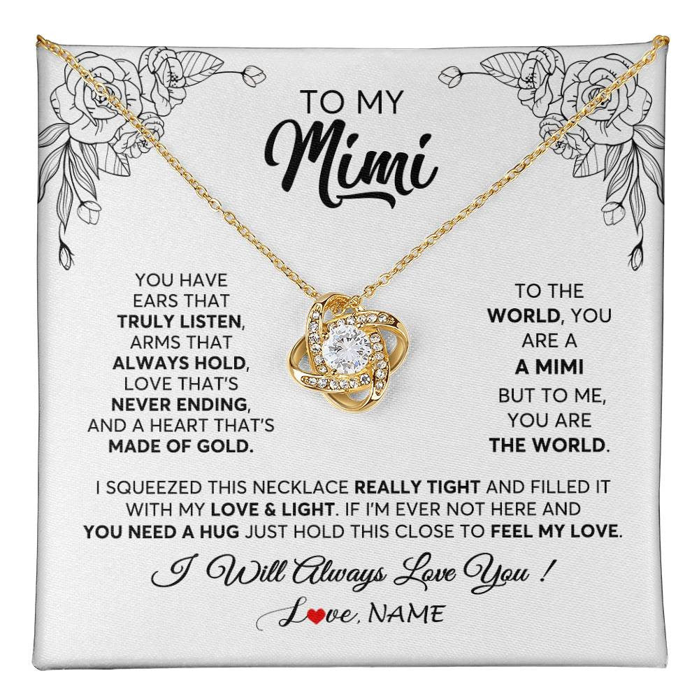 Love Knot Necklace 18K Yellow Gold Finish | 1 | Personalized To My Mimi Necklace From Grandkids Granddaughter Hold This Close Feel My Love Mimi Birthday Mothers Day Christmas Customized Gift Box Message Card | teecentury
