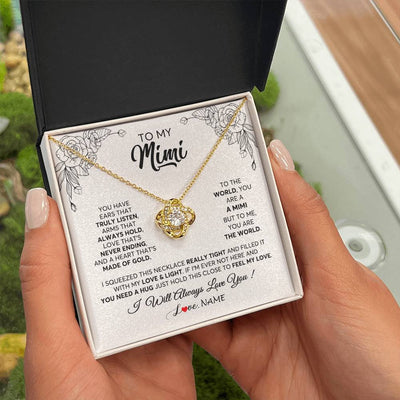 Love Knot Necklace 18K Yellow Gold Finish | 2 | Personalized To My Mimi Necklace From Grandkids Granddaughter Hold This Close Feel My Love Mimi Birthday Mothers Day Christmas Customized Gift Box Message Card | teecentury